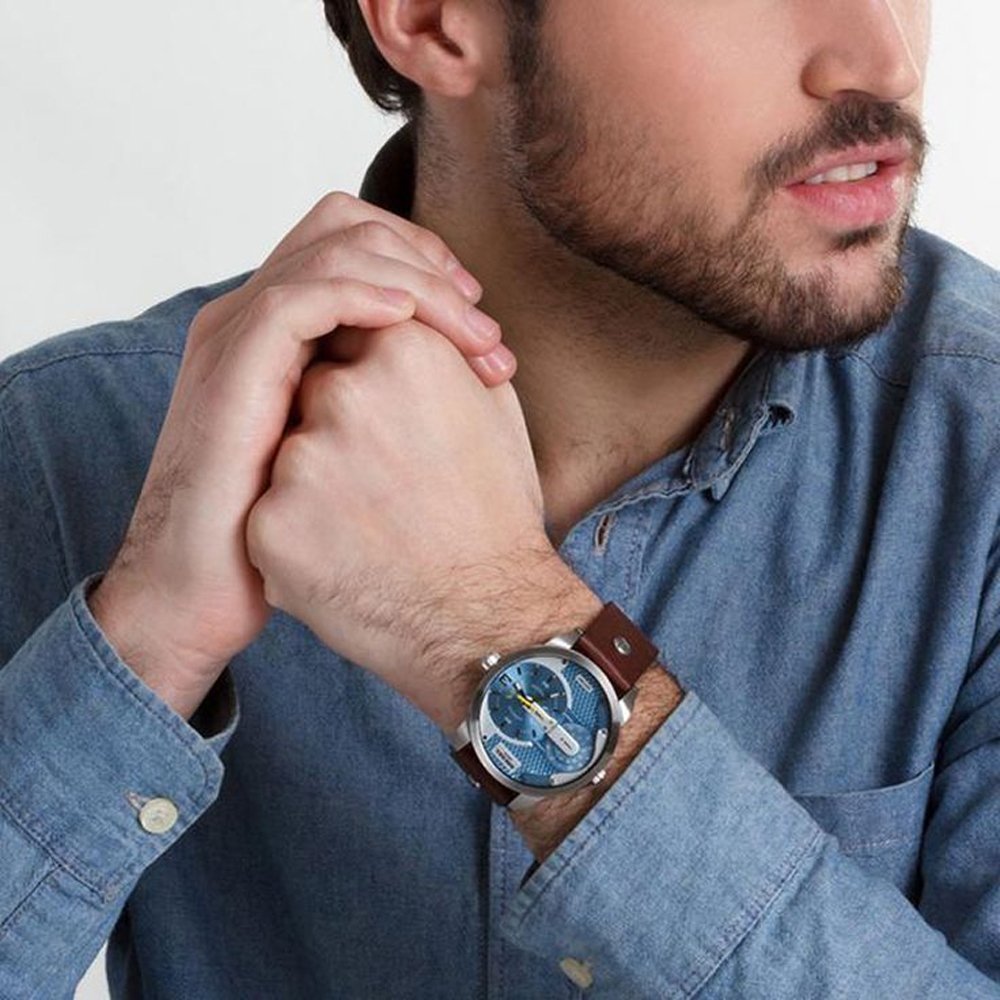 Diesel DZ7321 Mini Daddy Chronograph Men's Watch – Light Blue Dial & Brown Leather Strap