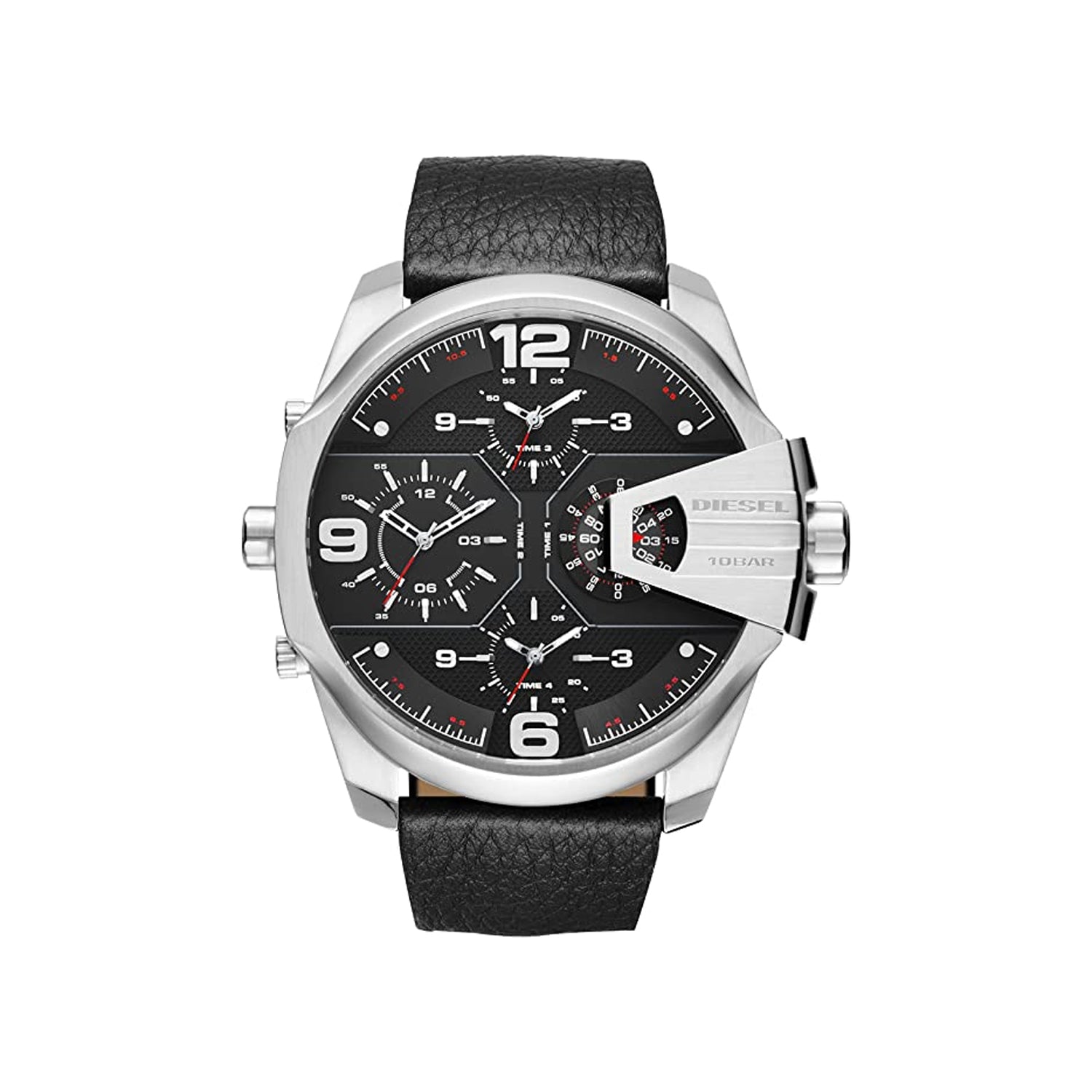 Diesel DZ7376 Uber Chief Oversized 4-Time Men's Watch – Black Dial & Black Leather Strap