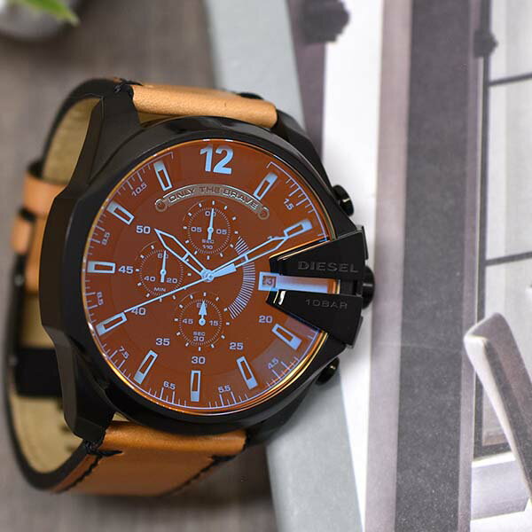 Diesel DZ4476 Mega Chief Chronograph Men's Watch – Black Dial & Brown Leather Strap