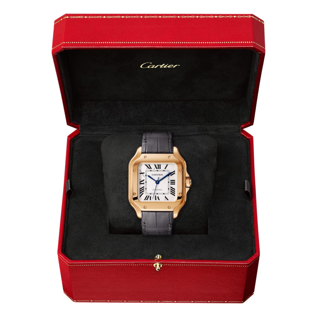 Santos de Cartier Medium Model | 35mm, 18K Rose Gold, Alligator Leather, Silver Dial