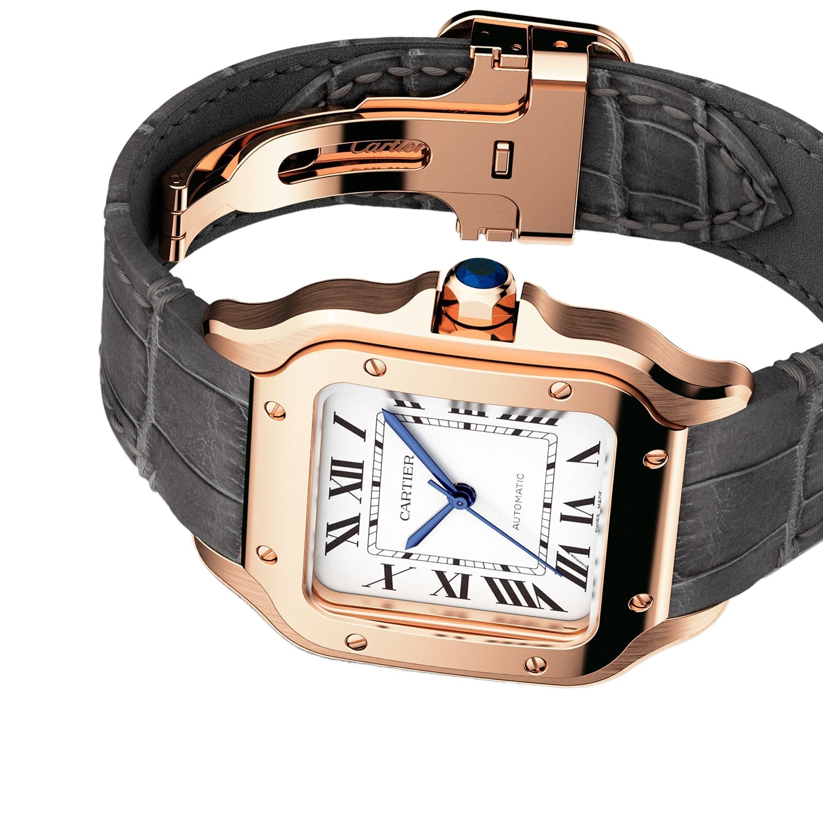 Santos de Cartier Medium Model | 35mm, 18K Rose Gold, Alligator Leather, Silver Dial