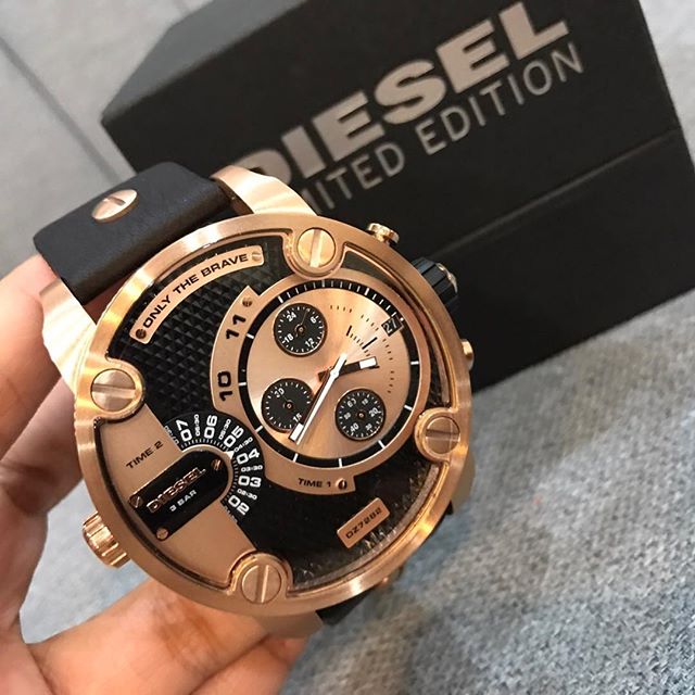 Diesel DZ7282 Little Daddy Men's Watch – Black & Gold Dial & Black Leather Strap