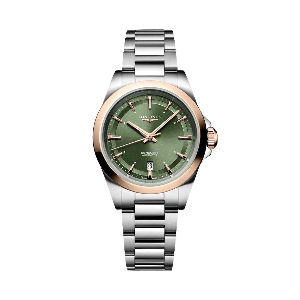 longines Conquest 30mm - Green w/ Pink Gold Bezel on Bracelet