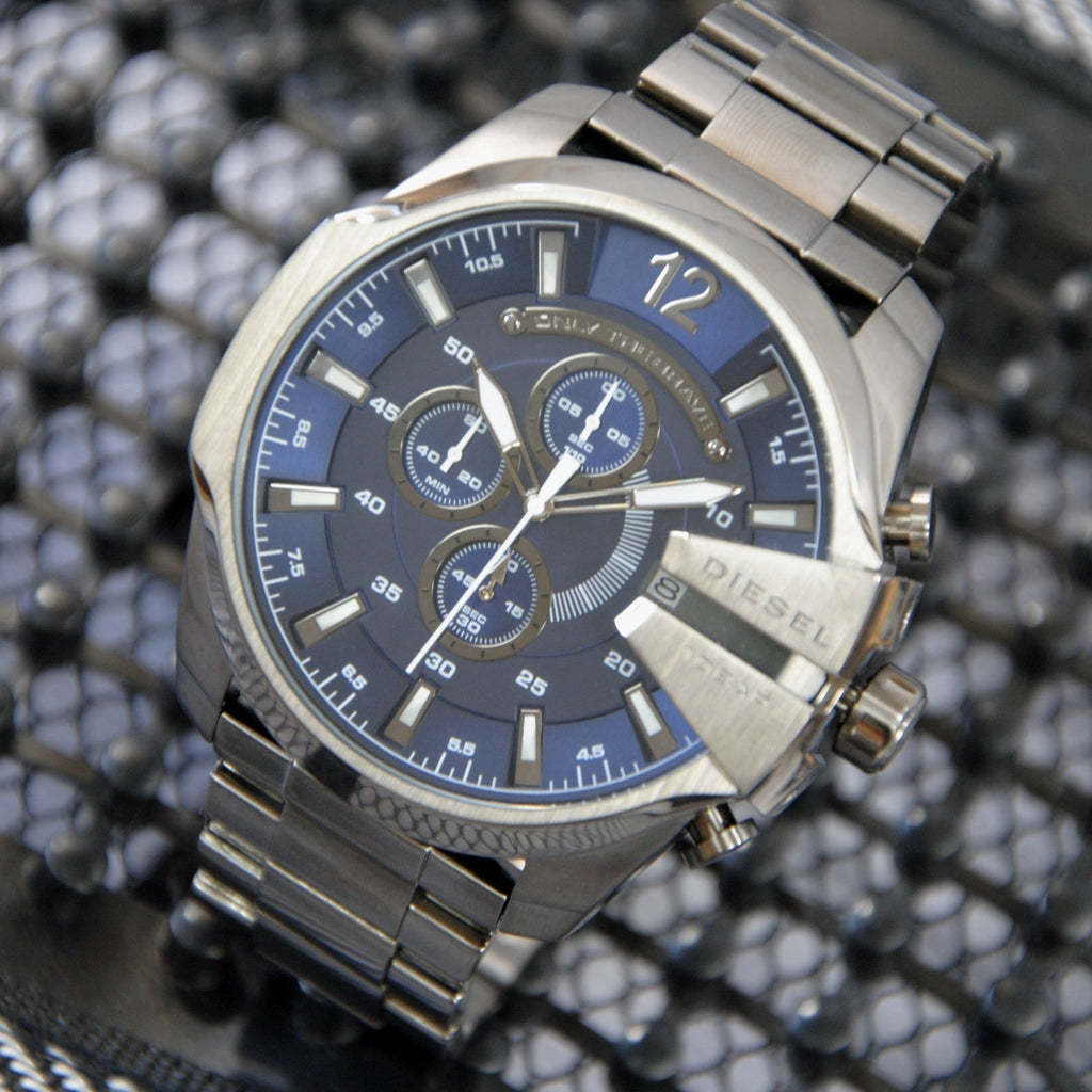 Diesel DZ4329 Mega Chief Chronograph Men's Watch – Blue Dial & Black Stainless Steel Strap