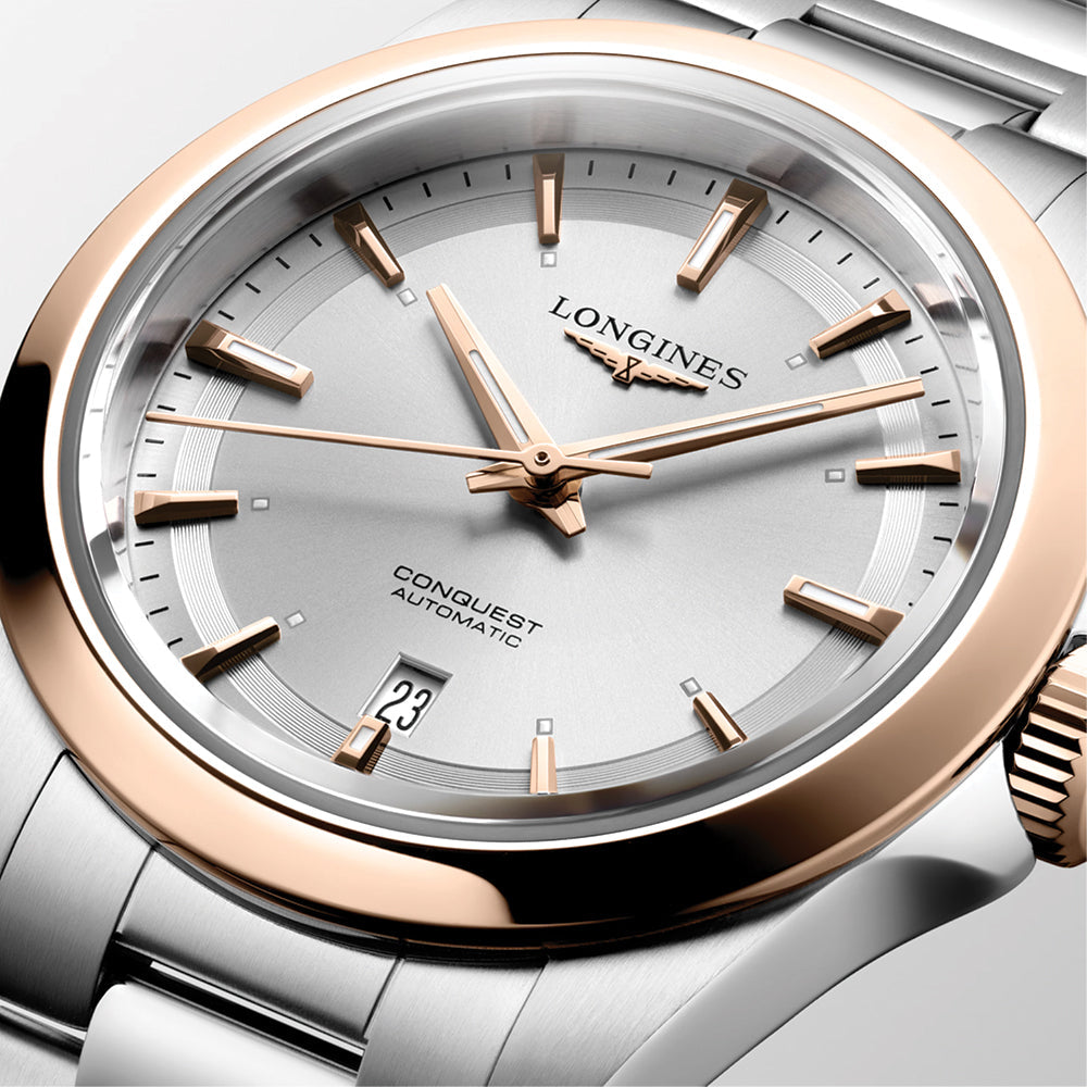 longines Conquest 30mm - Silver w/ Pink Gold Bezel on Bracelet