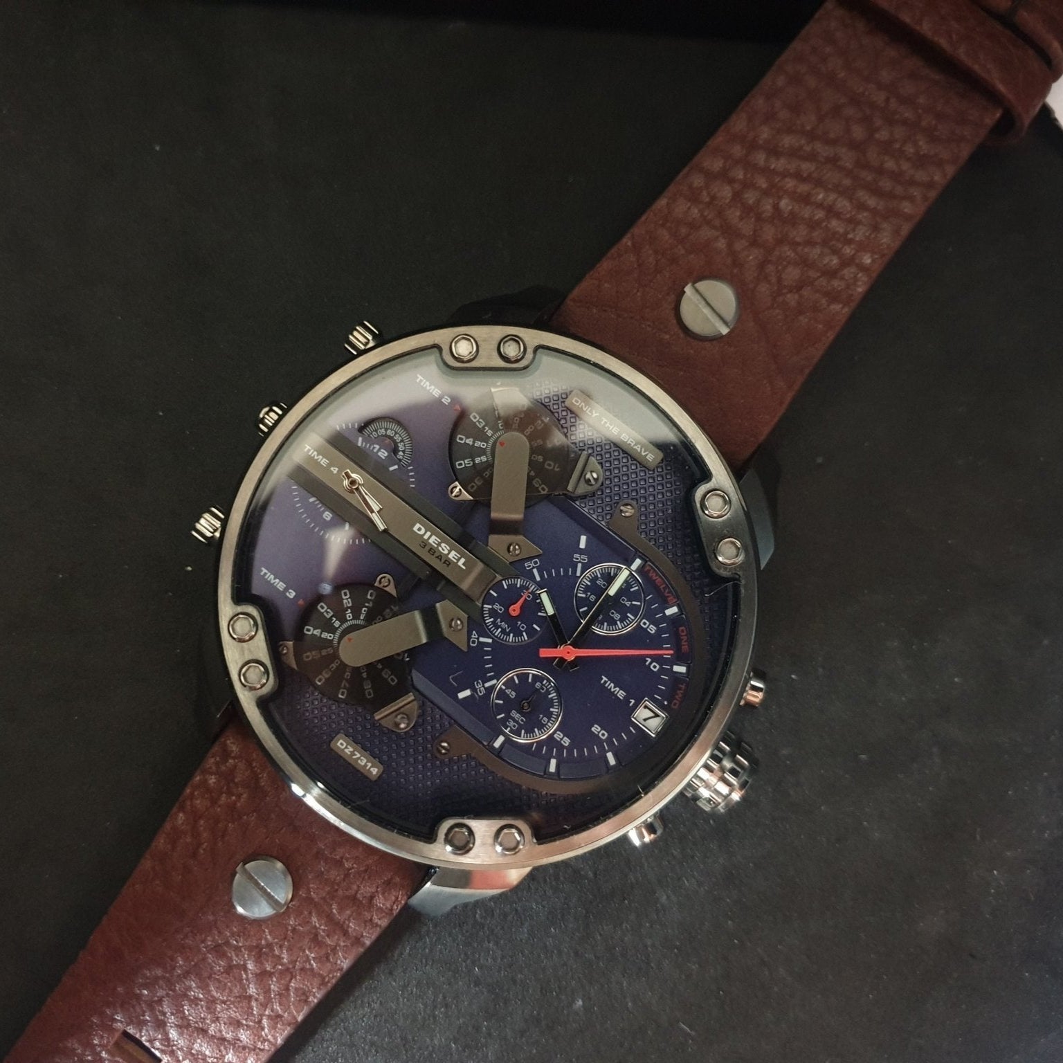 Diesel DZ7314 Mr. Daddy Chronograph Men's Watch – Blue Dial & Brown Leather Strap