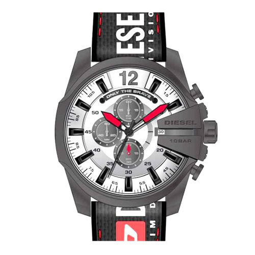 Diesel DZ4512 Mega Chief Chronograph Men's Watch – Silver Dial & Black Leather Strap