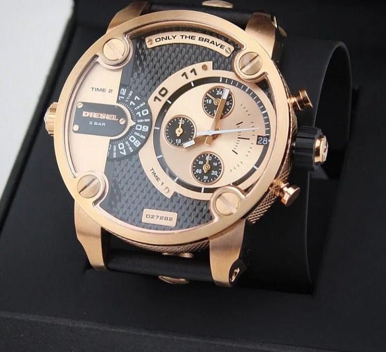 Diesel DZ7282 Little Daddy Men's Watch – Black & Gold Dial & Black Leather Strap