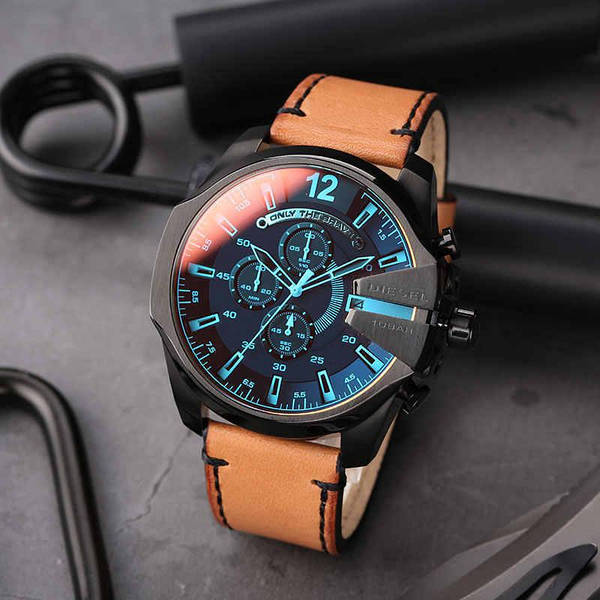 Diesel DZ4476 Mega Chief Chronograph Men's Watch – Black Dial & Brown Leather Strap