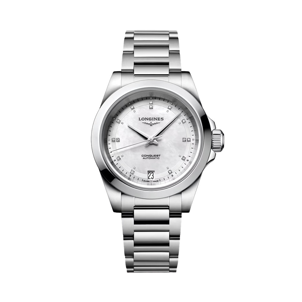 longines Conquest 34mm - White, Mother-of-Pearl w/ Diamonds on Bracelet