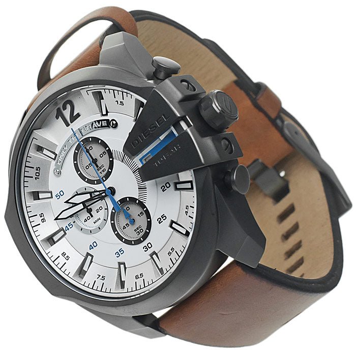 Diesel DZ4280 Mega Chief Chronograph Men's Watch – White Dial & Brown Leather Strap