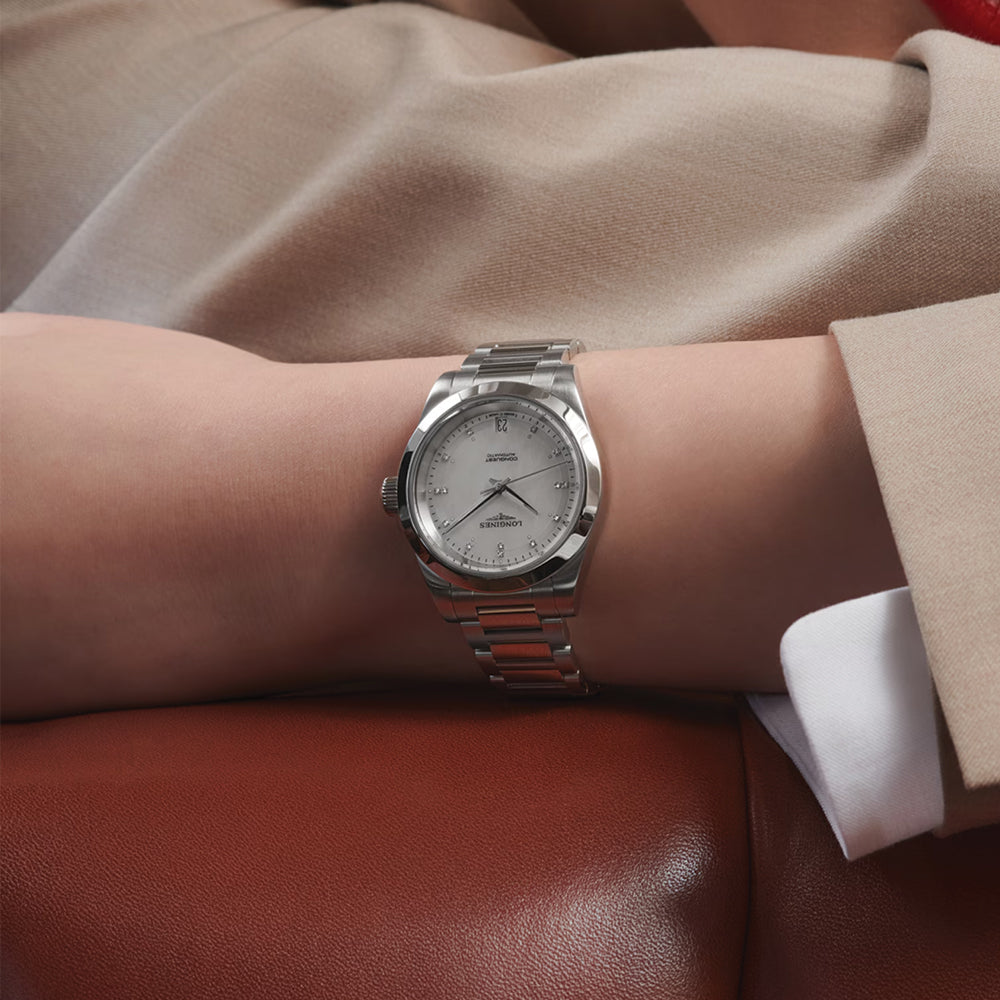 longines Conquest 34mm - White, Mother-of-Pearl w/ Diamonds on Bracelet