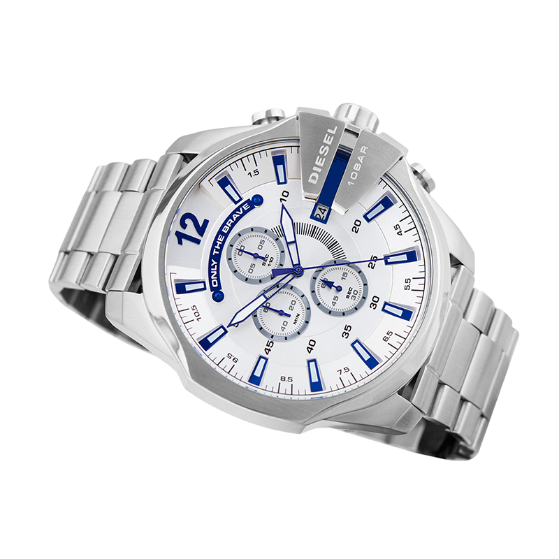 Diesel DZ4477 Mega Chief Chronograph Men's Watch – White Dial & Silver Stainless Steel Strap