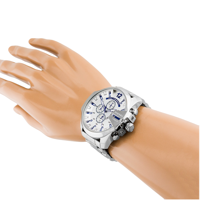 Diesel DZ4477 Mega Chief Chronograph Men's Watch – White Dial & Silver Stainless Steel Strap