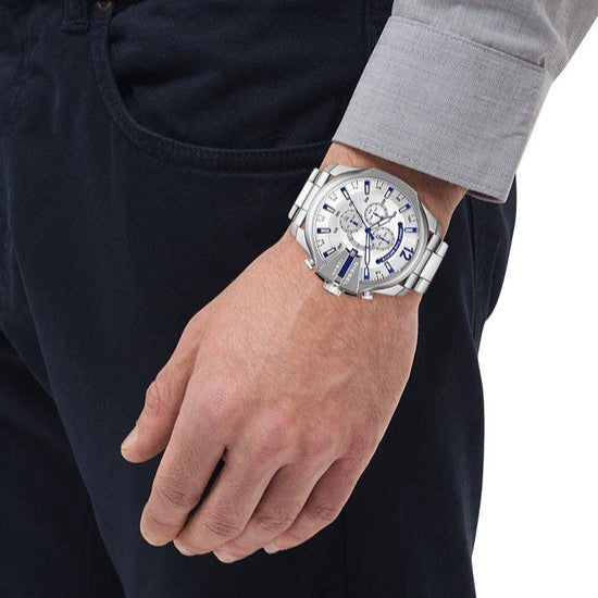 Diesel DZ4477 Mega Chief Chronograph Men's Watch – White Dial & Silver Stainless Steel Strap