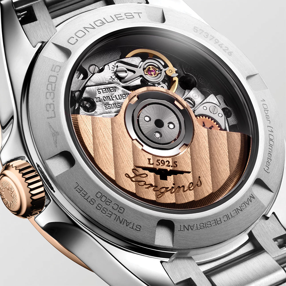 longines Conquest 30mm - Silver w/ Pink Gold Bezel on Bracelet