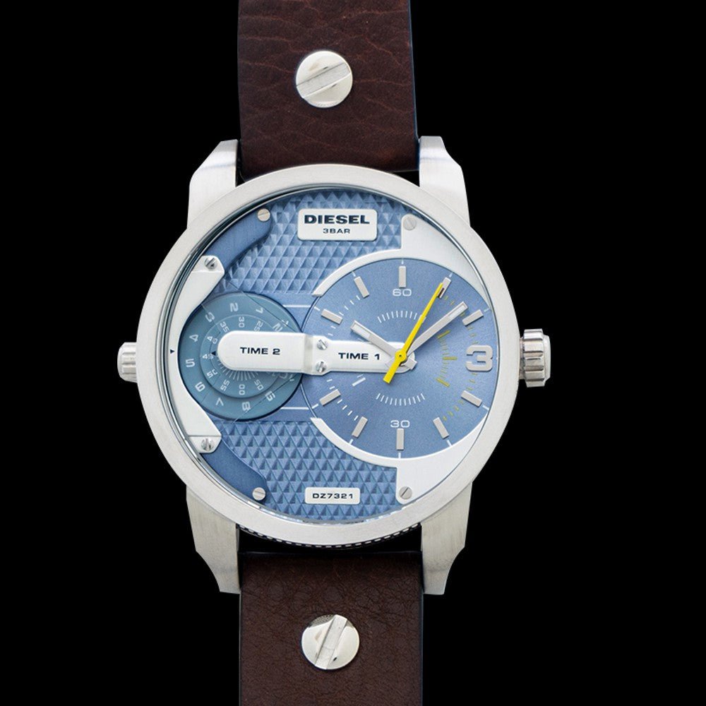 Diesel DZ7321 Mini Daddy Chronograph Men's Watch – Light Blue Dial & Brown Leather Strap