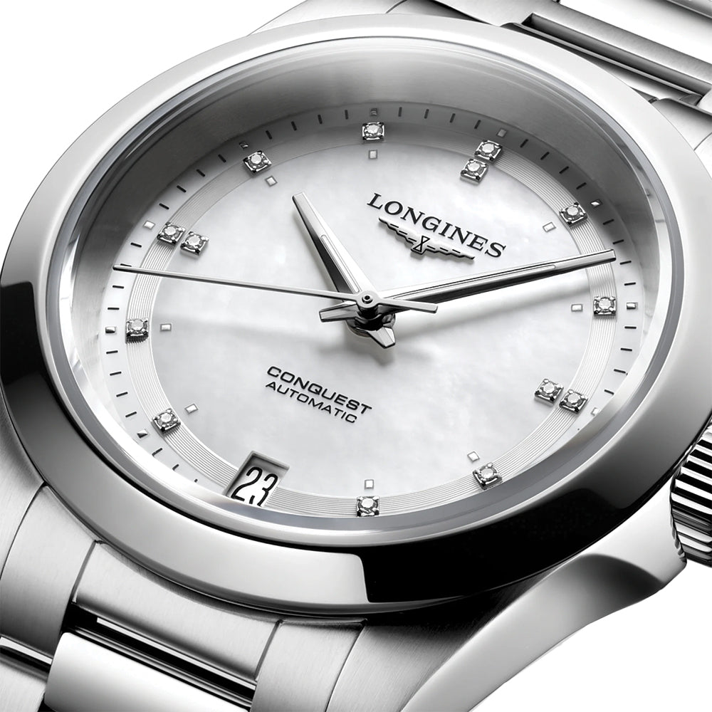 longines Conquest 34mm - White, Mother-of-Pearl w/ Diamonds on Bracelet