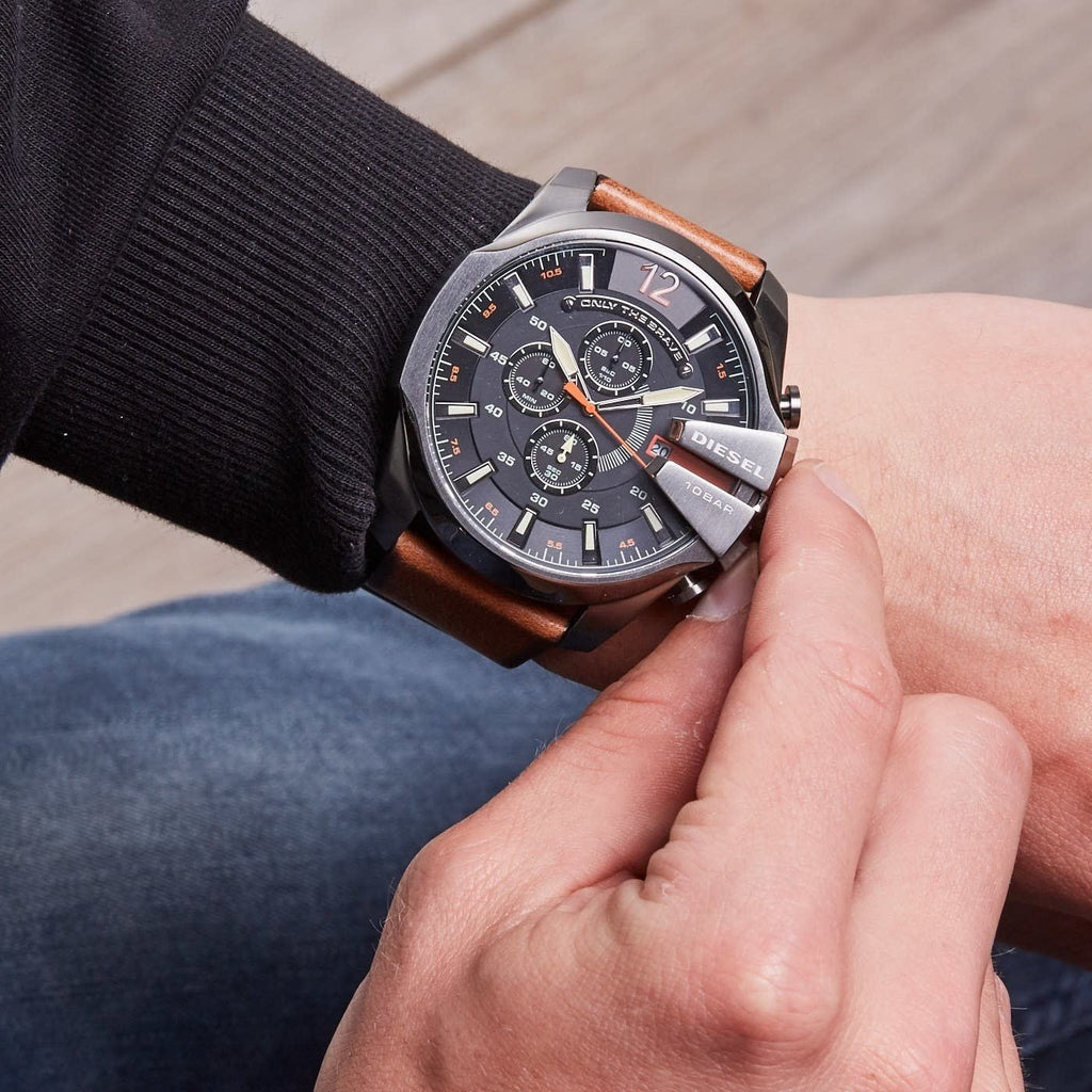 Diesel DZ4343 Mega Chief Chronograph Men's Watch – Black Dial & Brown Leather Strap