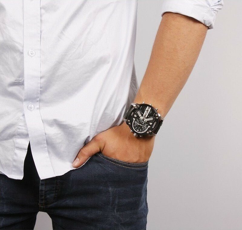Diesel DZ7313 Mr. Daddy Chronograph Men's Watch – Black Dial & Black Leather Strap