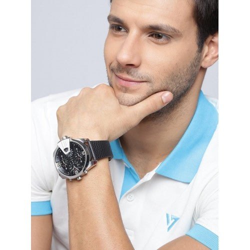 Diesel DZ7376 Uber Chief Oversized 4-Time Men's Watch – Black Dial & Black Leather Strap