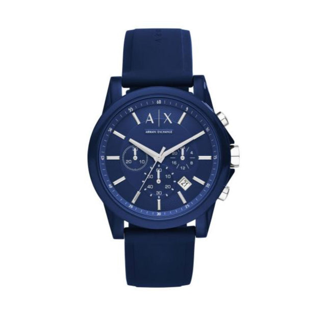 Men's Armani Exchange Outerbanks Chronograph Watch AX1327 – Blue Dial with Blue Silicone Strap