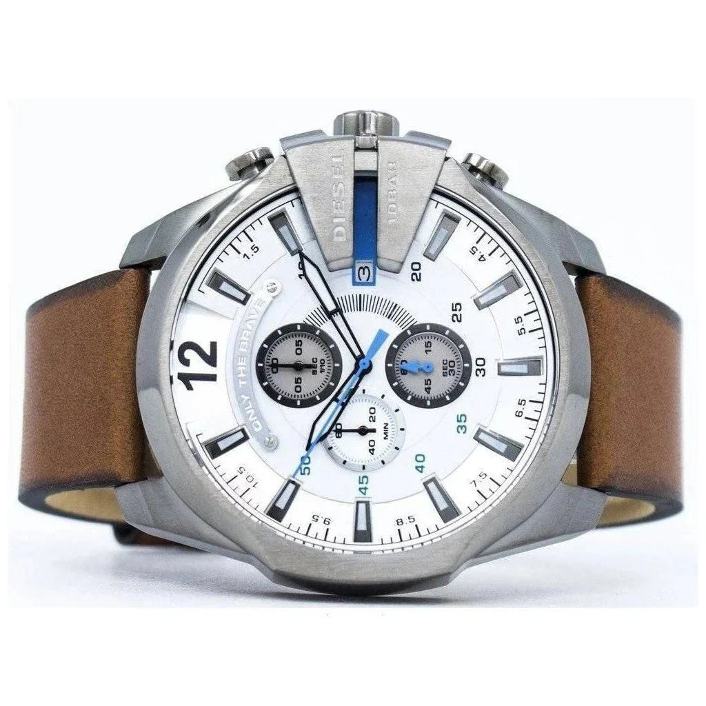 Diesel DZ4280 Mega Chief Chronograph Men's Watch – White Dial & Brown Leather Strap