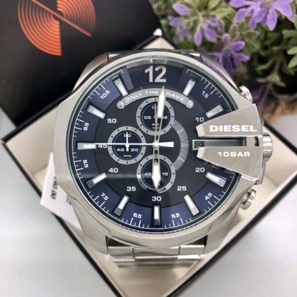Diesel DZ4417 Mega Chief Chronograph Men's Watch – Blue Dial & Silver Stainless Steel Strap