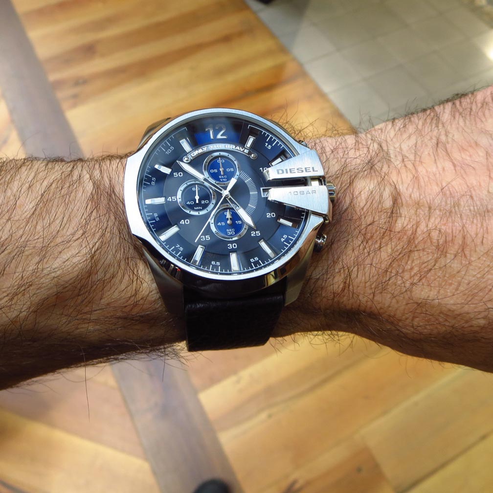 Diesel DZ4423 Mega Chief Chronograph Men's Watch – Blue Dial & Black Leather Strap