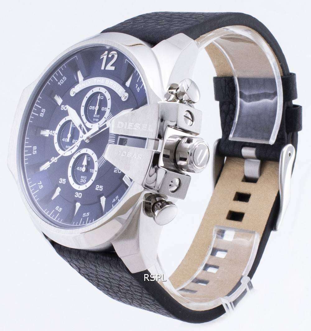 Diesel DZ4423 Mega Chief Chronograph Men's Watch – Blue Dial & Black Leather Strap