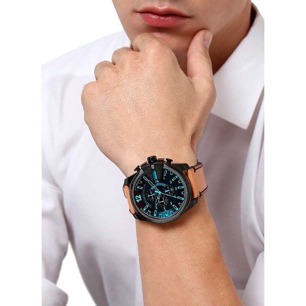 Diesel DZ4476 Mega Chief Chronograph Men's Watch – Black Dial & Brown Leather Strap