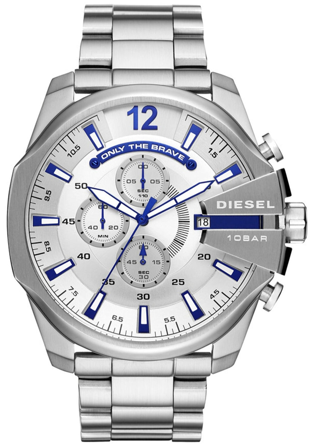 Diesel DZ4477 Mega Chief Chronograph Men's Watch – White Dial & Silver Stainless Steel Strap
