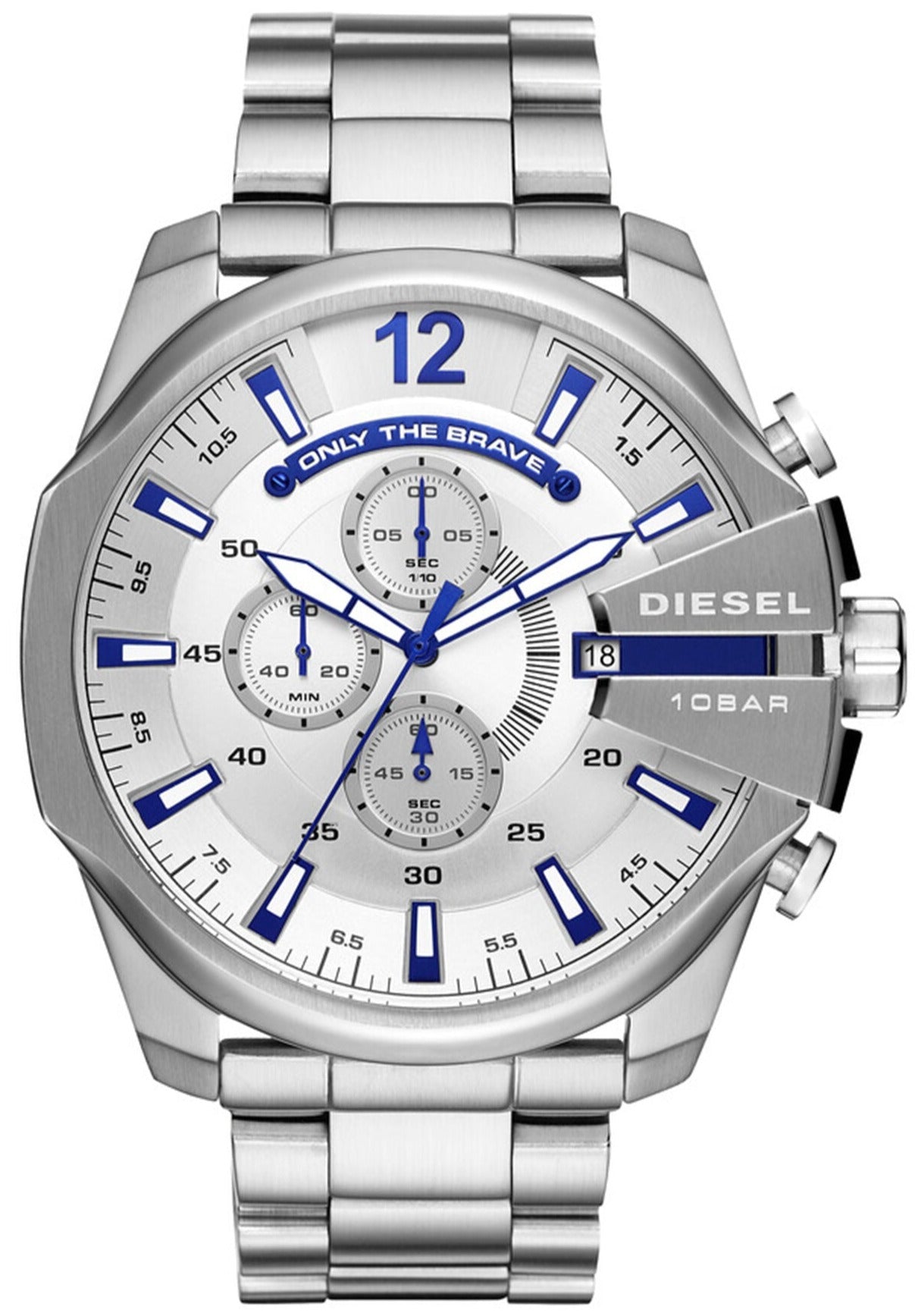 Diesel DZ4477 Mega Chief Chronograph Men's Watch – White Dial & Silver Stainless Steel Strap