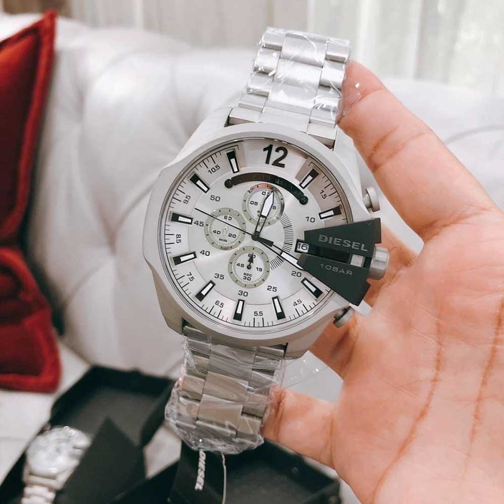 Diesel DZ4501 Mega Chief Chronograph Men's Watch – Silver Dial & Silver Stainless Steel Strap