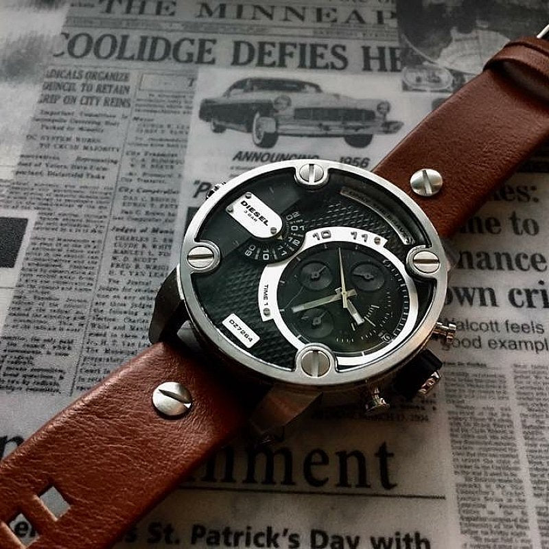Diesel DZ7264 SBA Dual Time Men's Watch – Black Dial & Brown Leather Strap