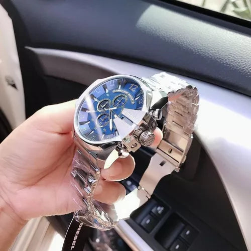 Diesel DZ4417 Mega Chief Chronograph Men's Watch – Blue Dial & Silver Stainless Steel Strap