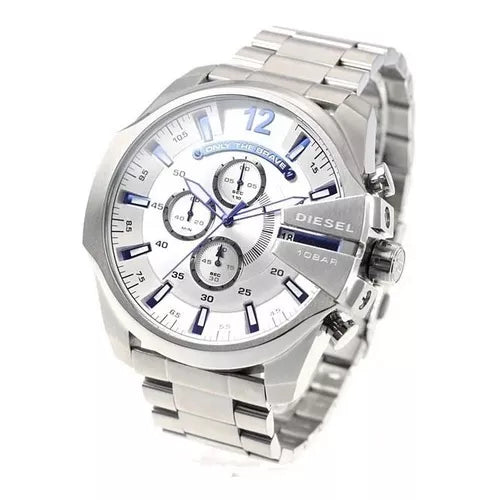 Diesel DZ4477 Mega Chief Chronograph Men's Watch – White Dial & Silver Stainless Steel Strap