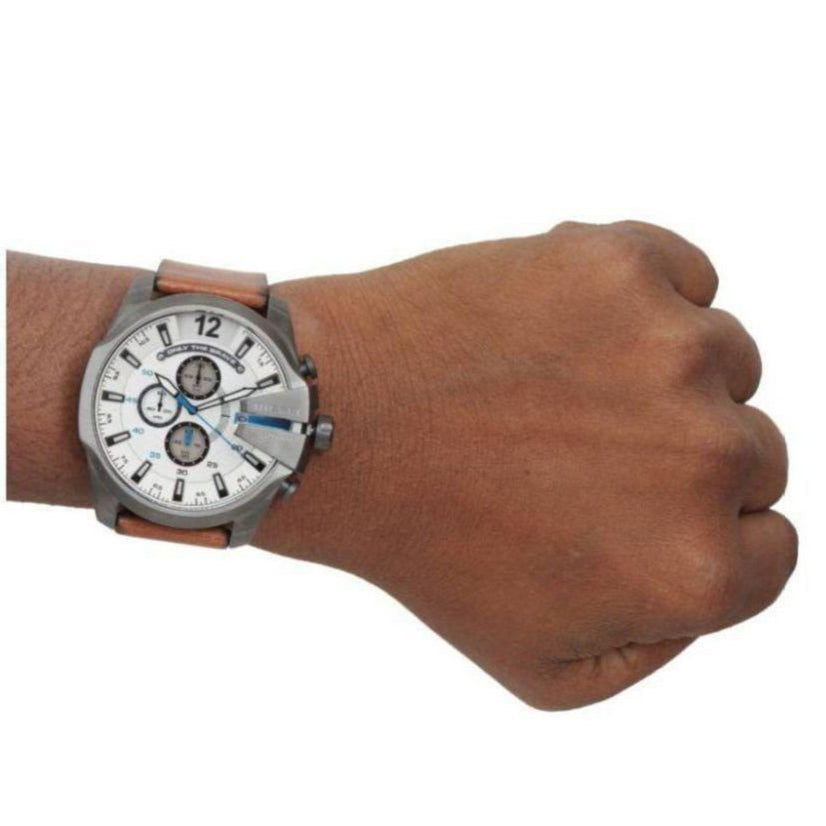 Diesel DZ4280 Mega Chief Chronograph Men's Watch – White Dial & Brown Leather Strap