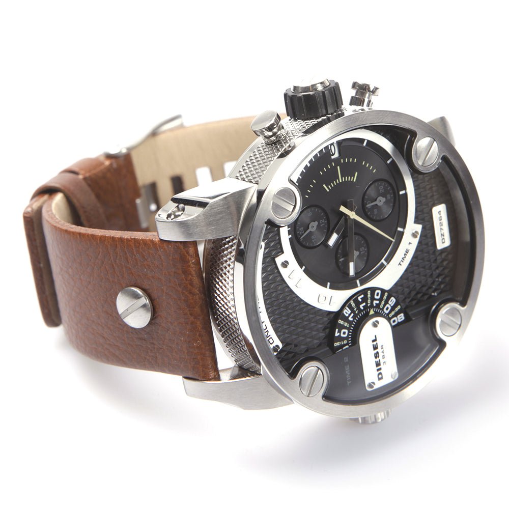 Diesel DZ7264 SBA Dual Time Men's Watch – Black Dial & Brown Leather Strap