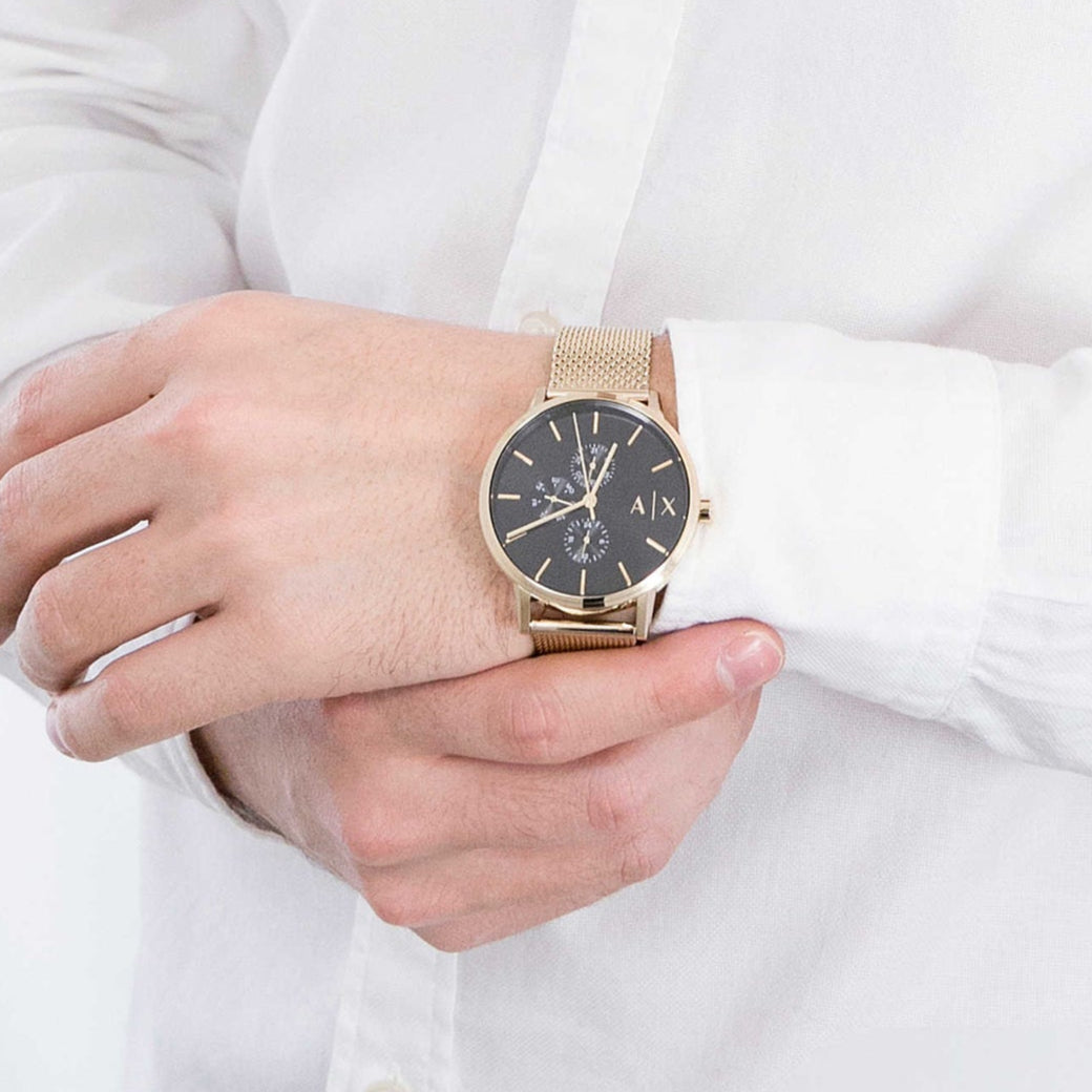 Armani Exchange Cayde AX2715 Men's Chronograph – Black Dial with Gold Mesh Stainless Steel Strap