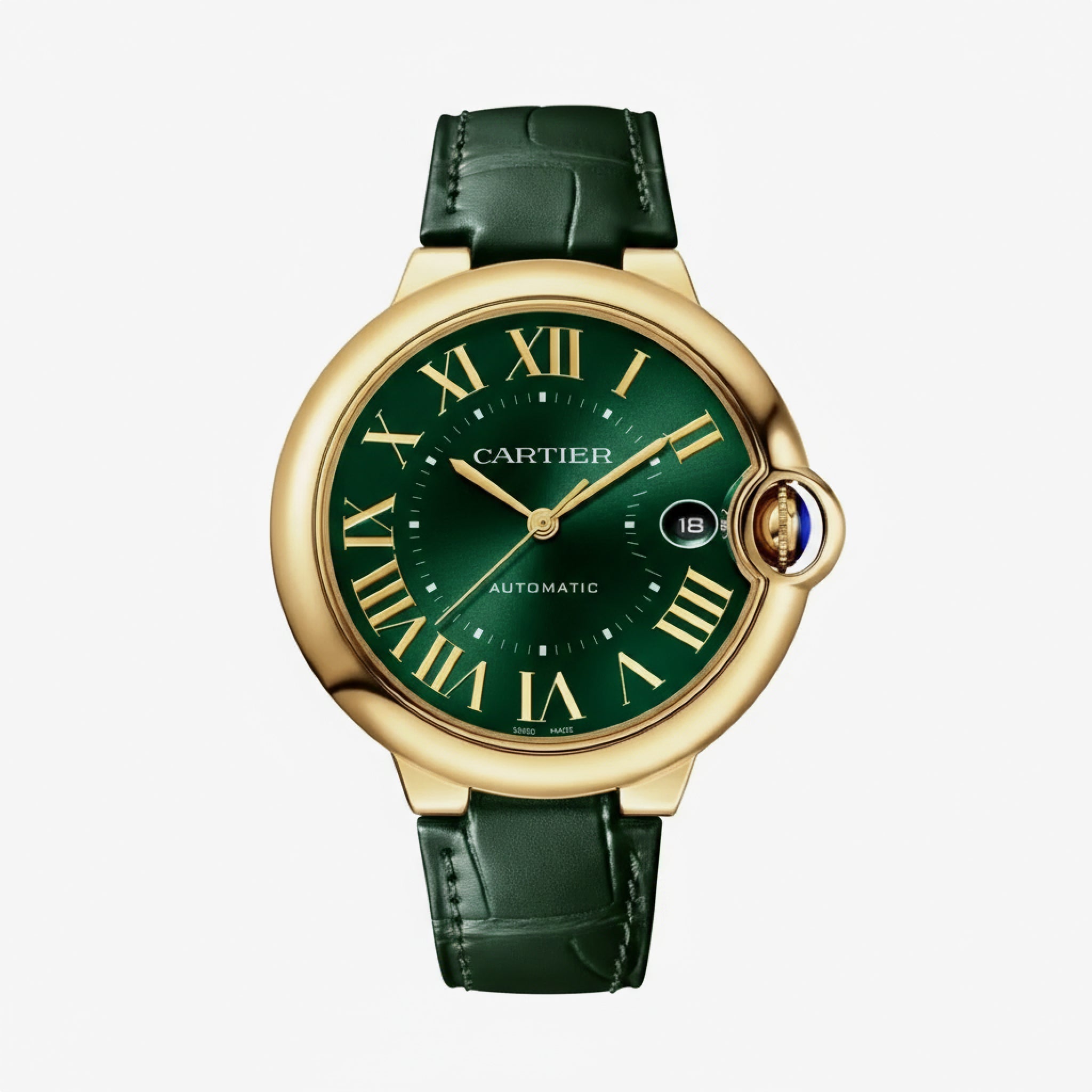 Ballon Bleu De Cartier Watch | 40mm, 18K Yellow Gold, Alligator Leather, Green Dial