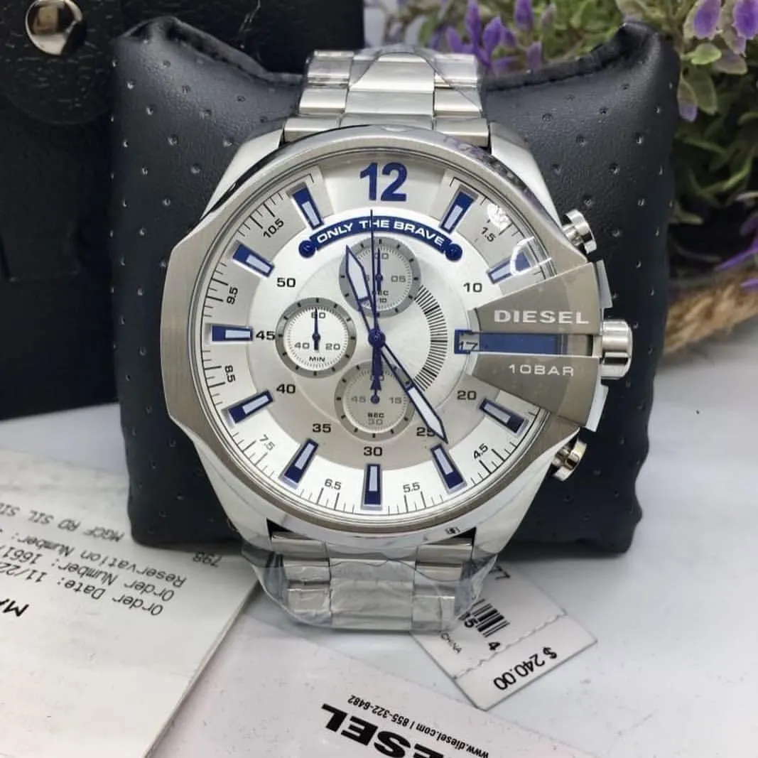 Diesel DZ4477 Mega Chief Chronograph Men's Watch – White Dial & Silver Stainless Steel Strap