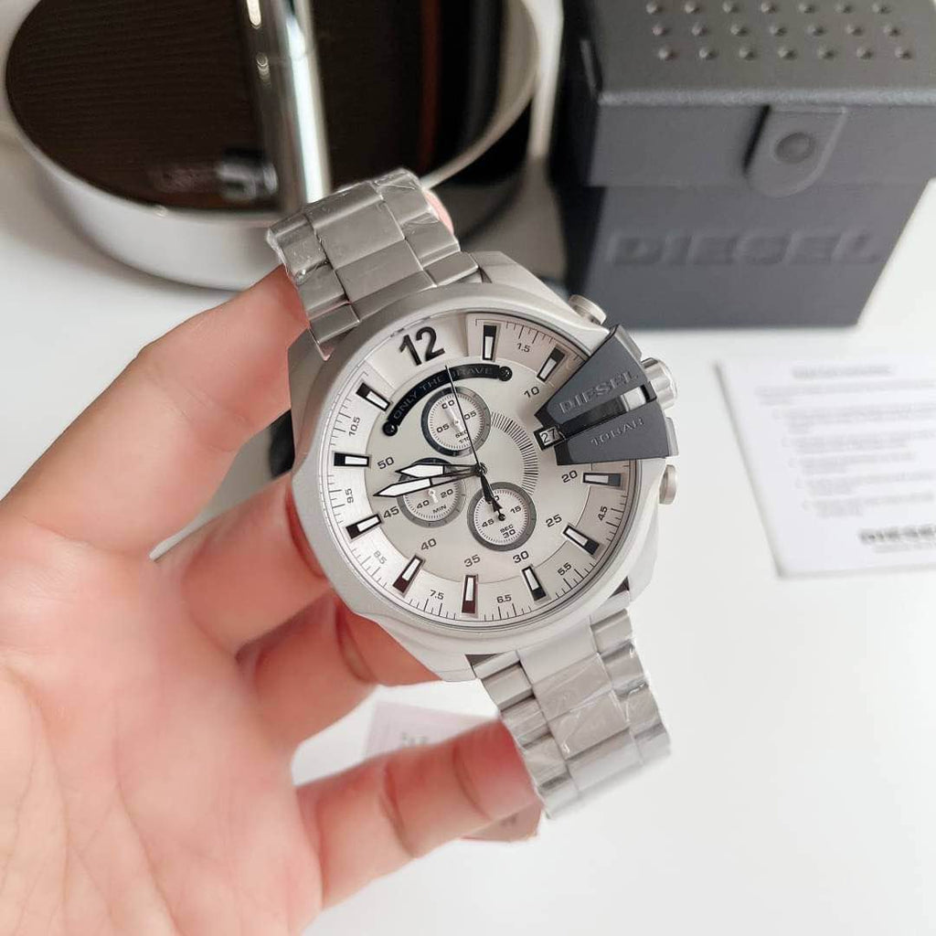 Diesel DZ4501 Mega Chief Chronograph Men's Watch – Silver Dial & Silver Stainless Steel Strap