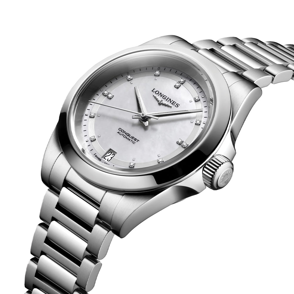 longines Conquest 34mm - White, Mother-of-Pearl w/ Diamonds on Bracelet