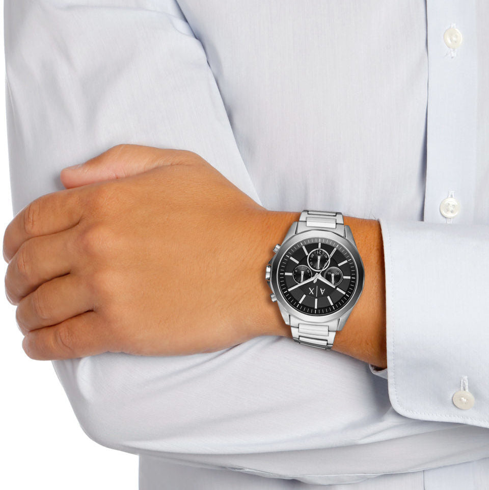 Armani Exchange Drexler AX2600 Men's Chronograph Watch – Black Dial with Silver Stainless Steel Strap