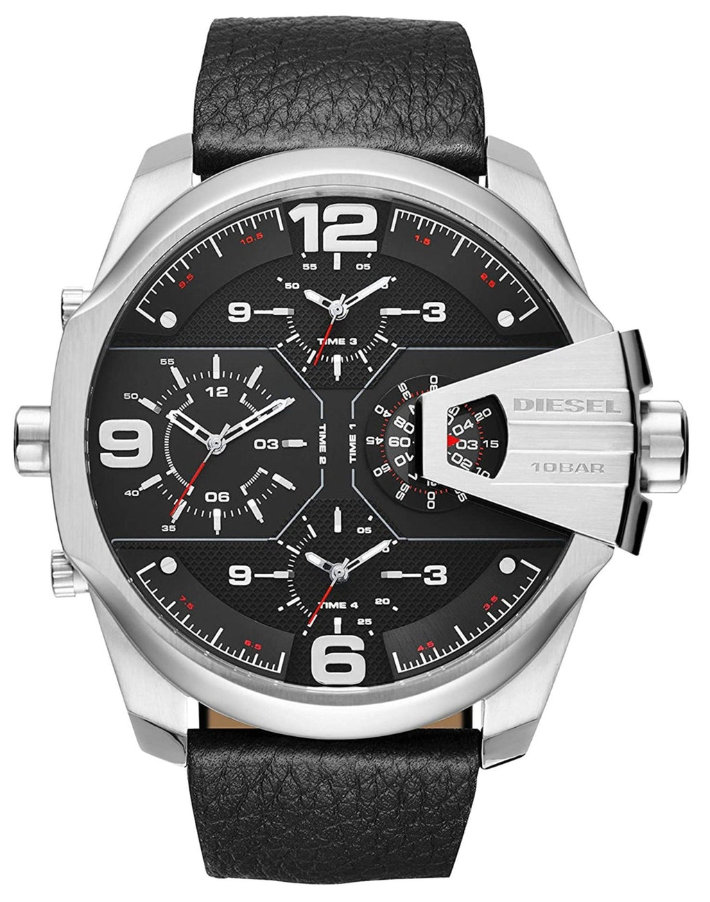 Diesel DZ7376 Uber Chief Oversized 4-Time Men's Watch – Black Dial & Black Leather Strap