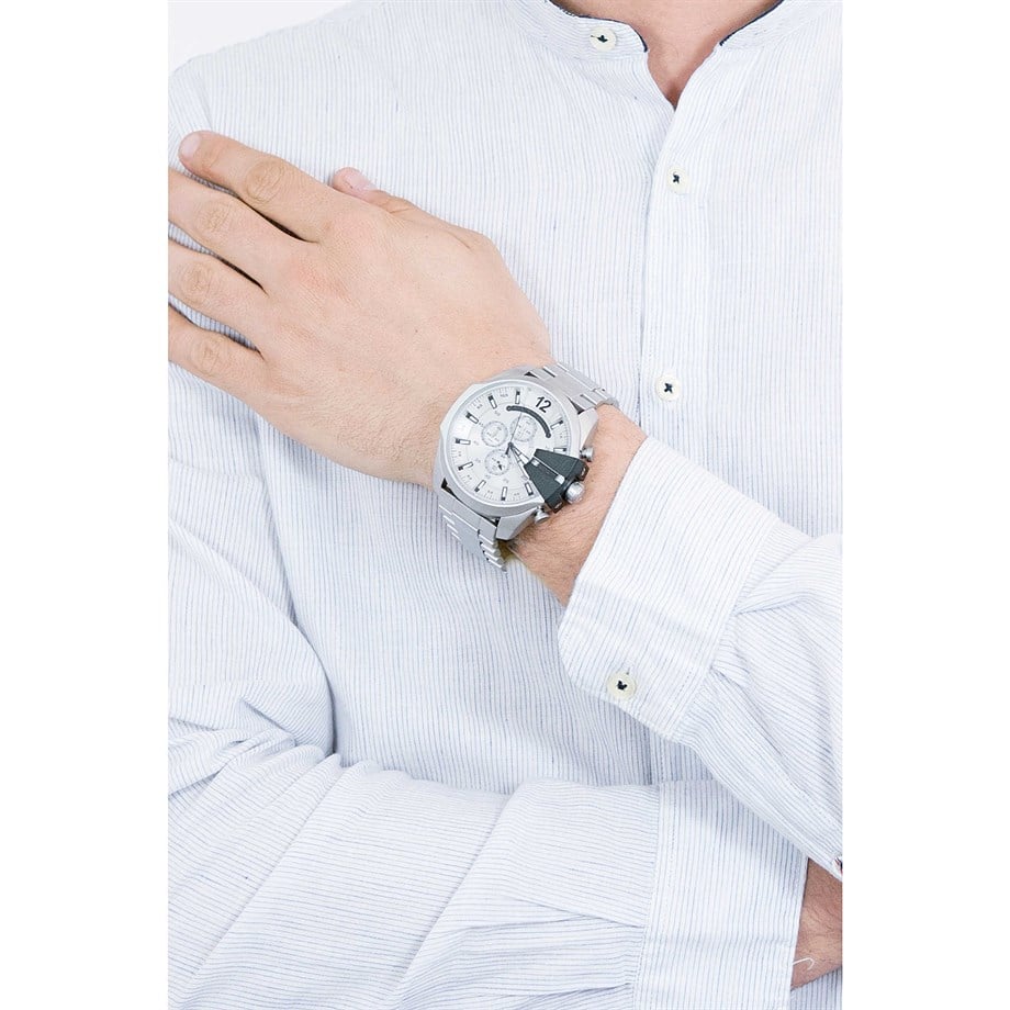 Diesel DZ4501 Mega Chief Chronograph Men's Watch – Silver Dial & Silver Stainless Steel Strap
