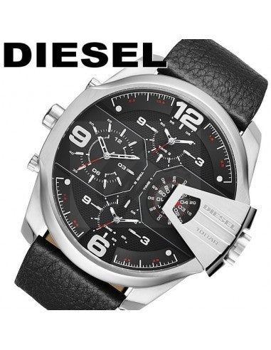 Diesel DZ7376 Uber Chief Oversized 4-Time Men's Watch – Black Dial & Black Leather Strap