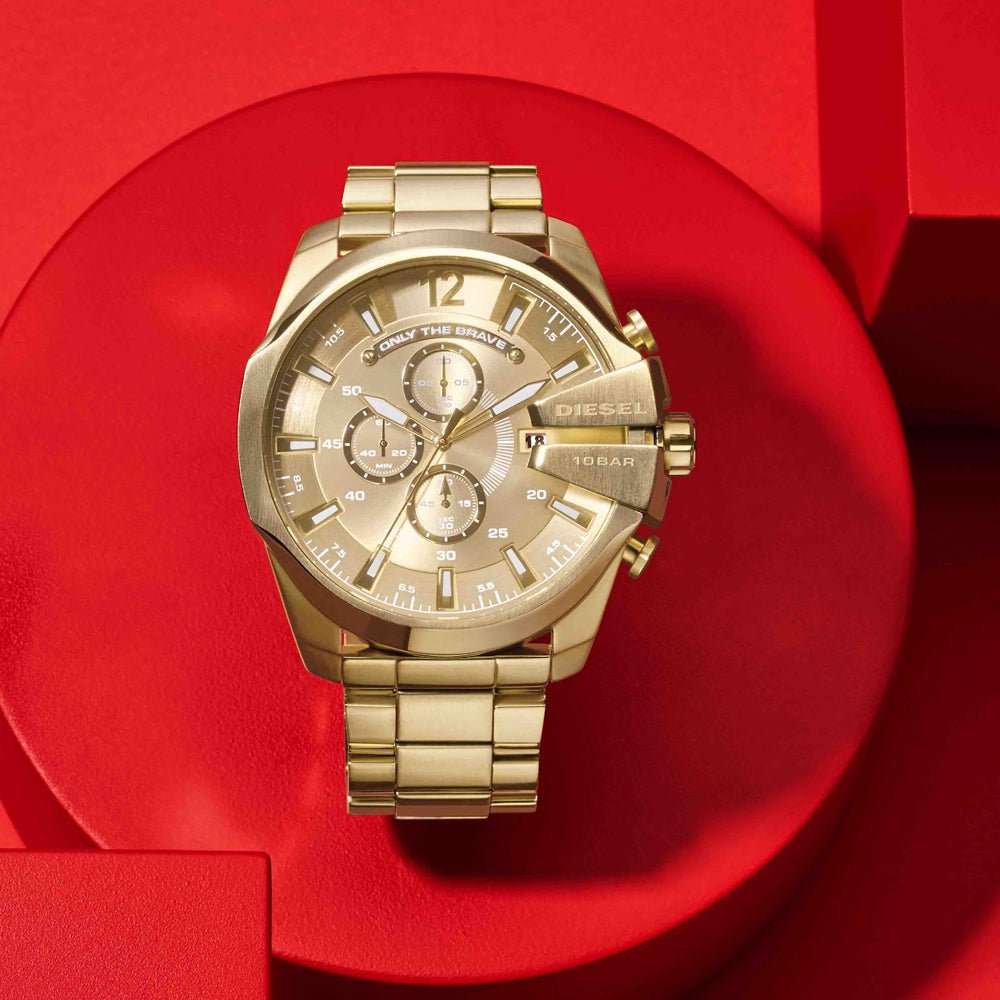 Diesel DZ4360 Mega Chief Chronograph Men's Watch – Gold Dial & Gold Stainless Steel Strap