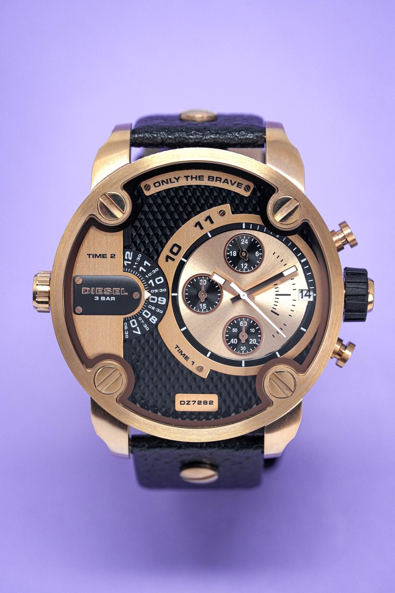 Diesel DZ7282 Little Daddy Men's Watch – Black & Gold Dial & Black Leather Strap